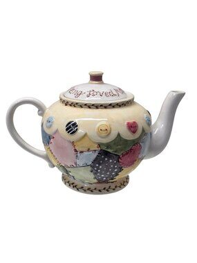 Sandy Clough Patchwork Quilt Ceramic Teapot Buttons Hearts Country Cottage 8"
